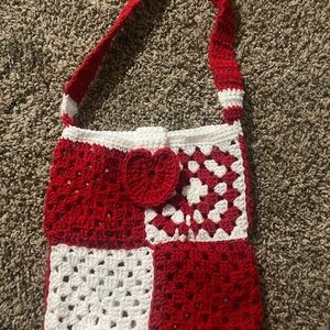 Red and White Crochet Tote with Patchwork Design